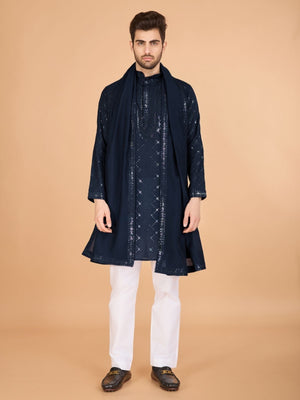 Rajwada Navy Blue Viscose Silk Sequins Stitched Kurta For Men