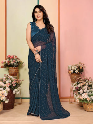 Rajwada Teal Blue Georgette Embellished Saree For Women