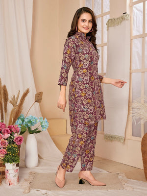 Rajwada Magenta Rayon Floral Printed Semi-Stitched Co-Ord Set For Women