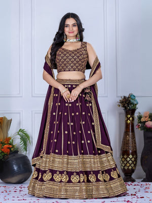 Rajwada Dark Purple Georgette Embroidered Semi-Stitched lehenga For Women