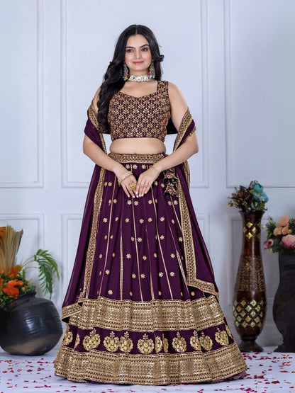 Rajwada Dark Purple Georgette Embroidered Semi-Stitched lehenga For Women