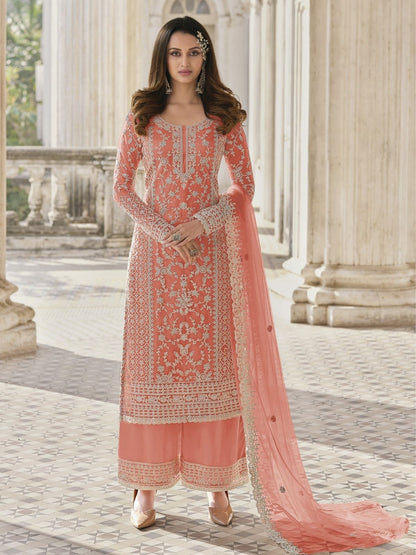 Rajwada Peach Silk Blend Embroidered Semi Stitched Kurta Set For Women
