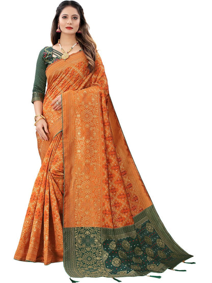 Rajwada Orange Silk Blend Embellished Saree For Women