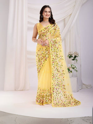 Rajwada Yellow Net Embroidered Elegant Saree For Women