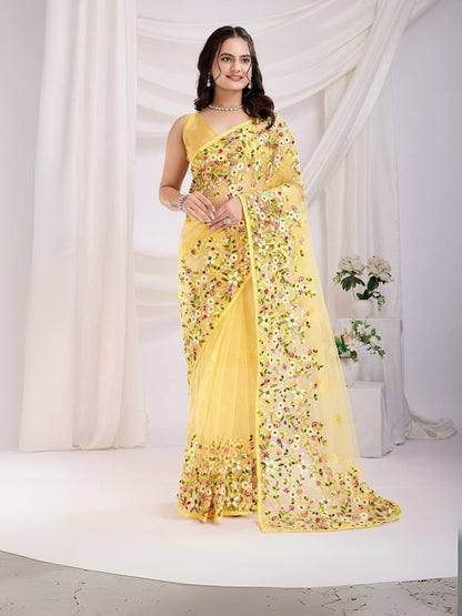 Rajwada Yellow Net Embroidered Elegant Saree For Women