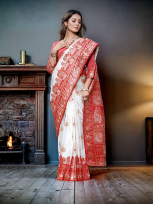 Rajwada White Silk Blend Woven Saree For Women