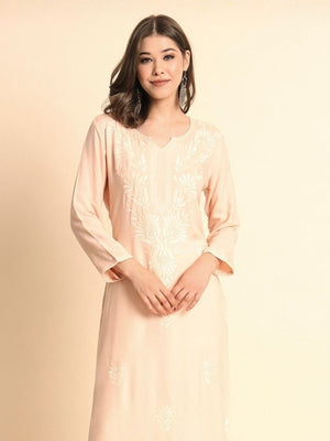 Rajwada Peach Rayon Embroidered Kurti For Women