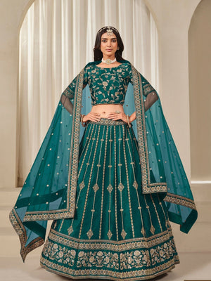 Rajwada Teal Art Silk Embroidered Semi-Stitched lehenga For Women