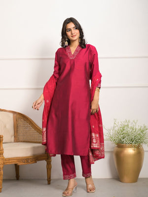 Rajwada Pink Viscose Chanderi Embroidered Stitched Kurta Set For Women