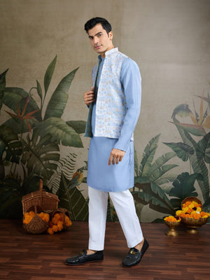 Rajwada Sky Blue Silk Blend Embellished Kurta For Men