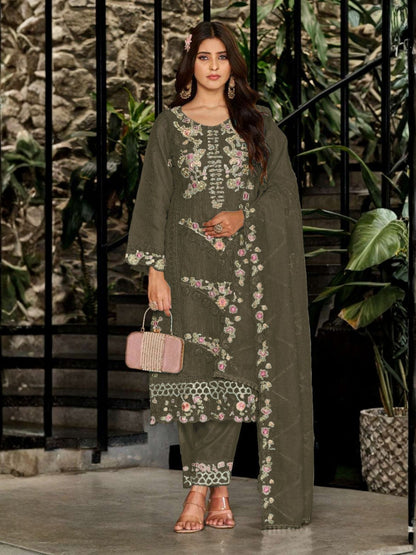 Rajwada Green Georgette Embellished Semi-Stitched Kurta Set For Women
