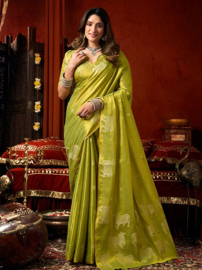 Rajwada Lime Green Silk Blend Solid Saree For Women