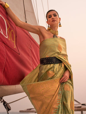 Rajwada Green Satin Woven Saree With Unstitched Blouse for Women