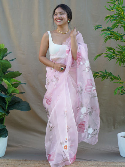 Rajwada Light Pink Organza Printed Saree With Unstitched Blouse For Women