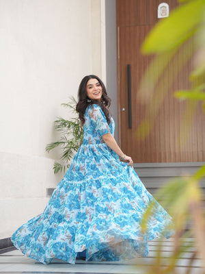Rajwada Sky Blue Georgette Printed Stitched Gown For Women