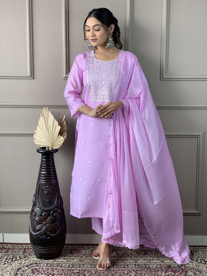 Rajwada Lavender Viscose Embroidered Stitched Kurta Set For Women