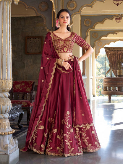 Rajwada Maroon Silk Blend Embroidered Lehenga For Women