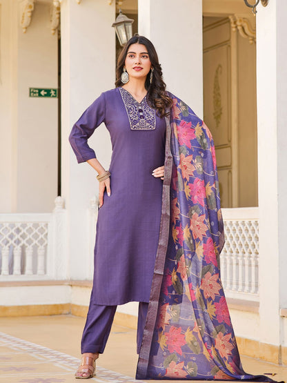 Rajwada Purple Rayon Embroidered Stitched Kurta Set For Women
