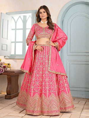 Rajwada Pink Chinon Sequence Embroidered Semi-Stitched Lehenga For Women