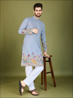 Rajwada Blue Cotton Embroidered Stitched Kurta For Men