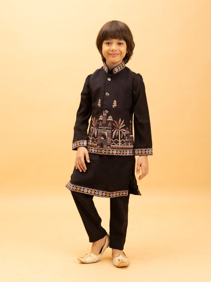 Rajwada Black Viscose Silk Embroidered Stitched Kurta Set For Kids