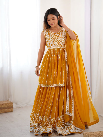Rajwada Yellow Georgette Embroidered Stitched Kurta Set For Women