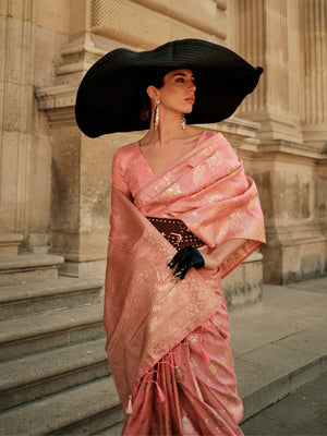 Rajwada Pink Silk Blend Woven Saree With Unstitched Blouse For Women