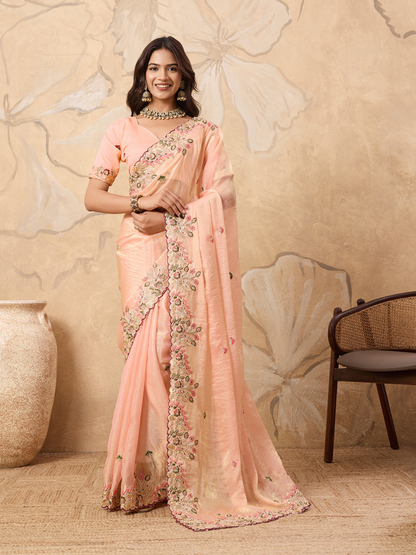 Rajwada Peach Chiffon Embroidered Saree For Women