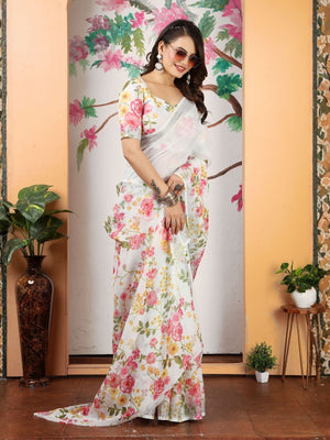 Rajwada Off White Cotton Linen Solid Printed Saree For Women