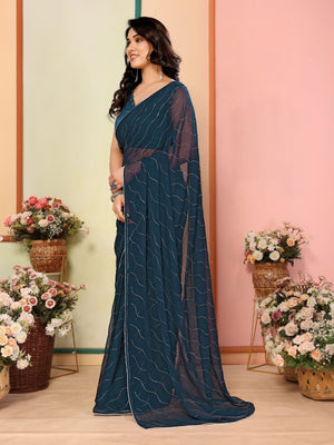 Rajwada Teal Blue Georgette Embellished Saree For Women