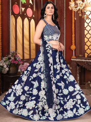 Rajwada Navy Blue Silk Blend Embellished Semi Stitched Lehenga For Women