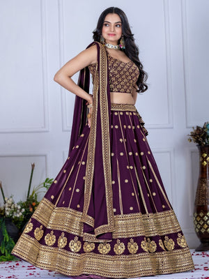 Rajwada Dark Purple Georgette Embroidered Semi-Stitched lehenga For Women