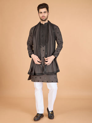 Rajwada Brown Viscose Silk Embellished Stitched Kurta For Men