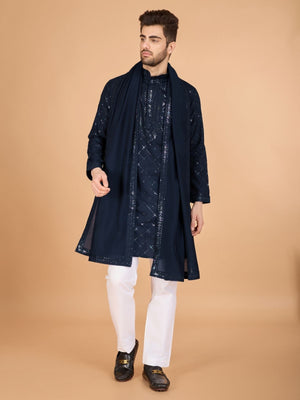 Rajwada Navy Blue Viscose Silk Sequins Stitched Kurta For Men
