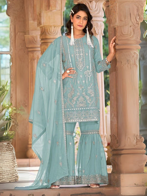 Rajwada Sky Blue Organza Embroidered Semi-Sitched Kurta Set For Women