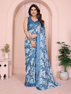 Rajwada Blue Georgette Floral Print Saree For Women