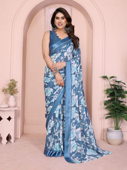 Rajwada Blue Georgette Floral Print Saree For Women