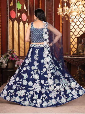 Rajwada Navy Blue Silk Blend Embellished Semi Stitched Lehenga For Women