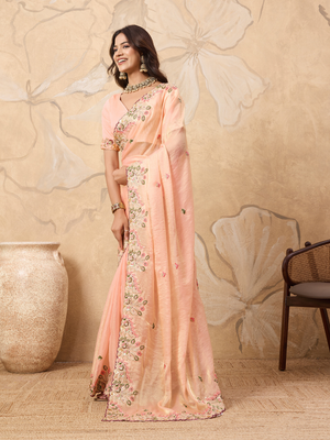 Rajwada Peach Chiffon Embroidered Saree For Women