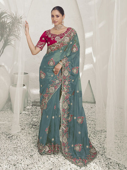 Rajwada Teal Organza Embroidered Elegant Saree For Women