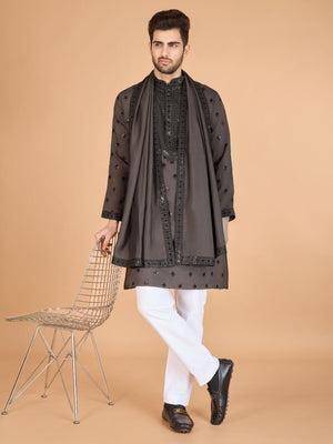 Rajwada Brown Viscose Silk Embellished Stitched Kurta For Men
