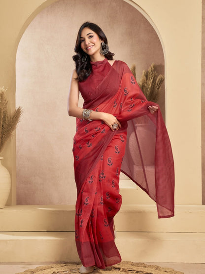 Rajwada Maroon Cotton Linen Zari Work Saree For Women