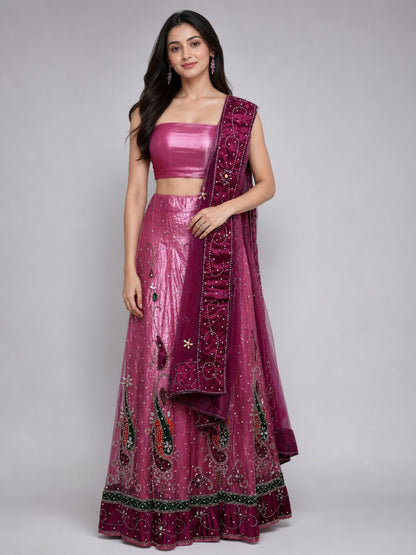 Wine Net Embellished Lehenga
