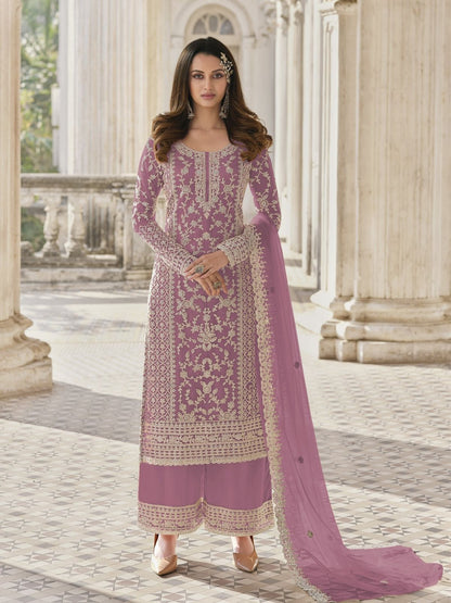 Rajwada Mauve Silk Blend Embroidered Semi Stitched Kurta Set For Women
