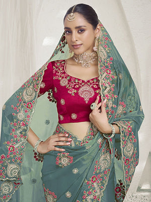 Rajwada Teal Organza Embroidered Elegant Saree For Women