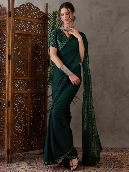 Rajwada Green Silk Blend Printed Elegant Saree For Women