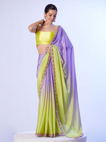 Rajwada Lavender And Yellow Chinon Lace Work Saree With Unstitched Blouse For Women