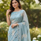 Rajwada Sky Blue Organza Embroidered And Cutwork Solid Saree For Women