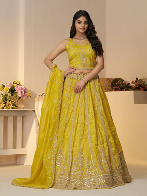 Rajwada Yellow Jimmy Choo Embroidered Semi-Stitched Lehenga For Women