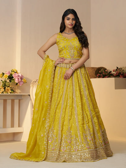 Rajwada Yellow Jimmy Choo Embroidered Semi-Stitched Lehenga For Women